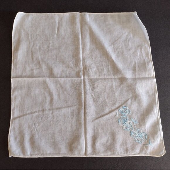 Handmade Accessories - Vintage Cotton Hankie Hankerchief White Embroidered Blue Floral Flower Edge